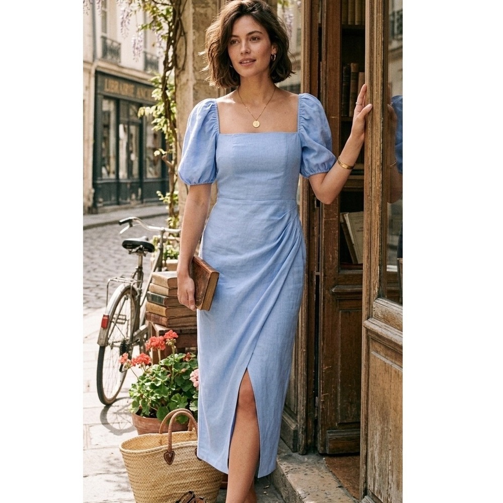 & Other Stories Dress Women's 6 Blue Linen Puff Sleeve Midi Feminine